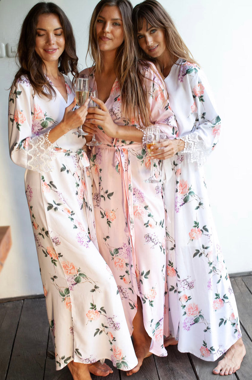 Maxi Floral Satin Lace Trimmed Robe